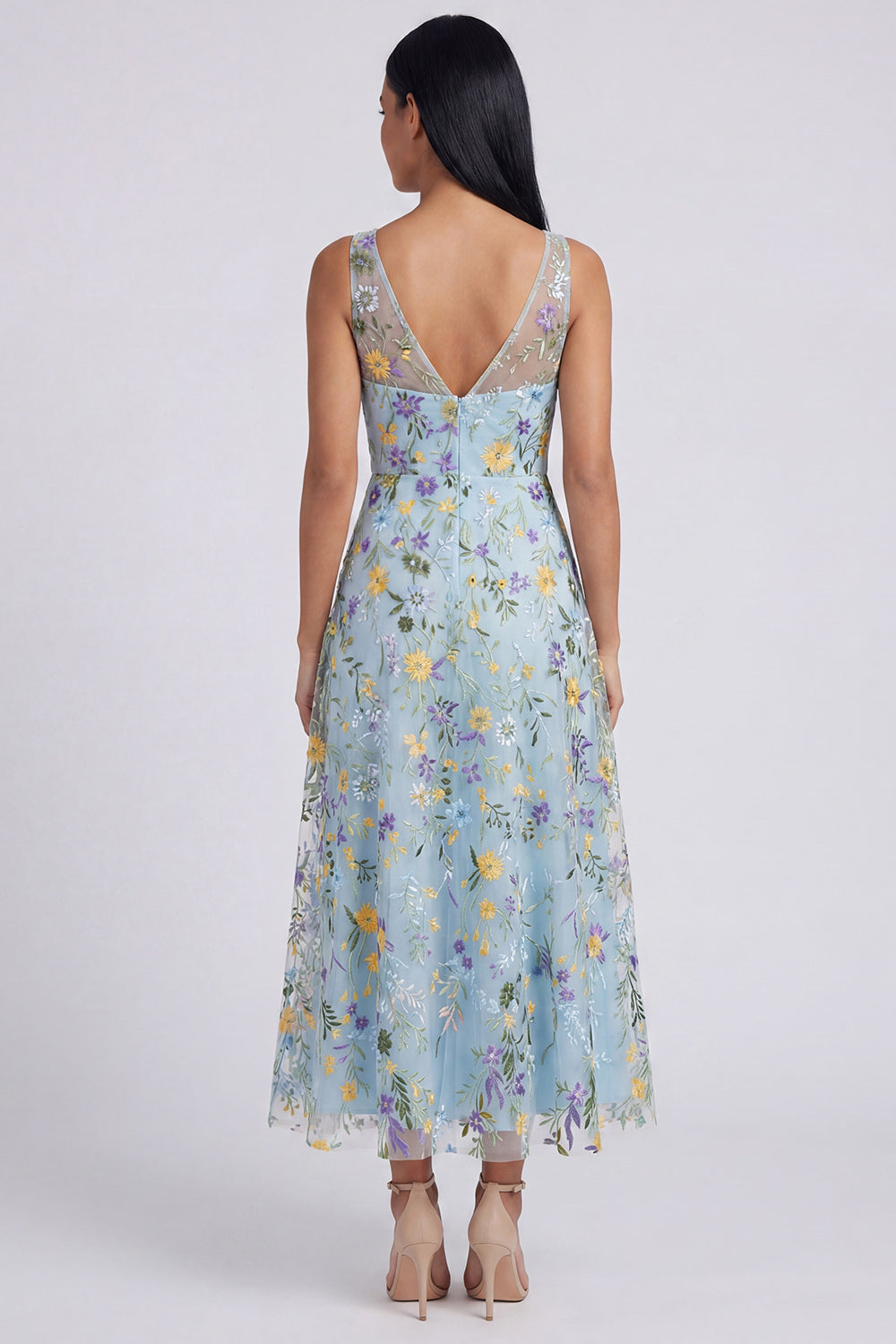 Robe longue évasée à col en V, imprimé floral bleu
