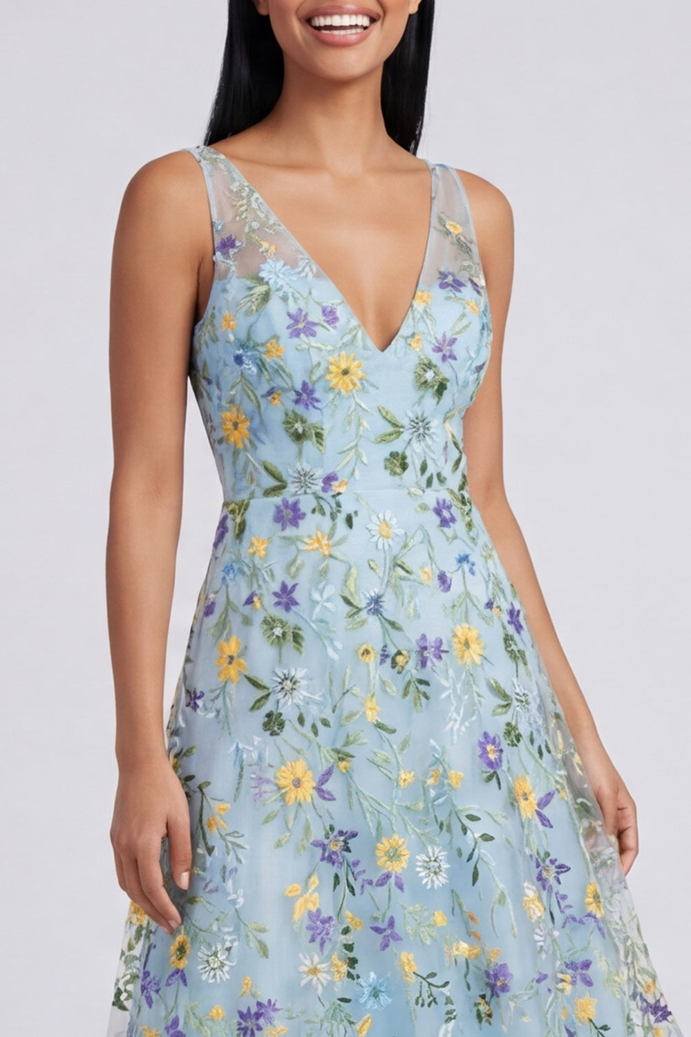 Robe longue évasée à col en V, imprimé floral bleu