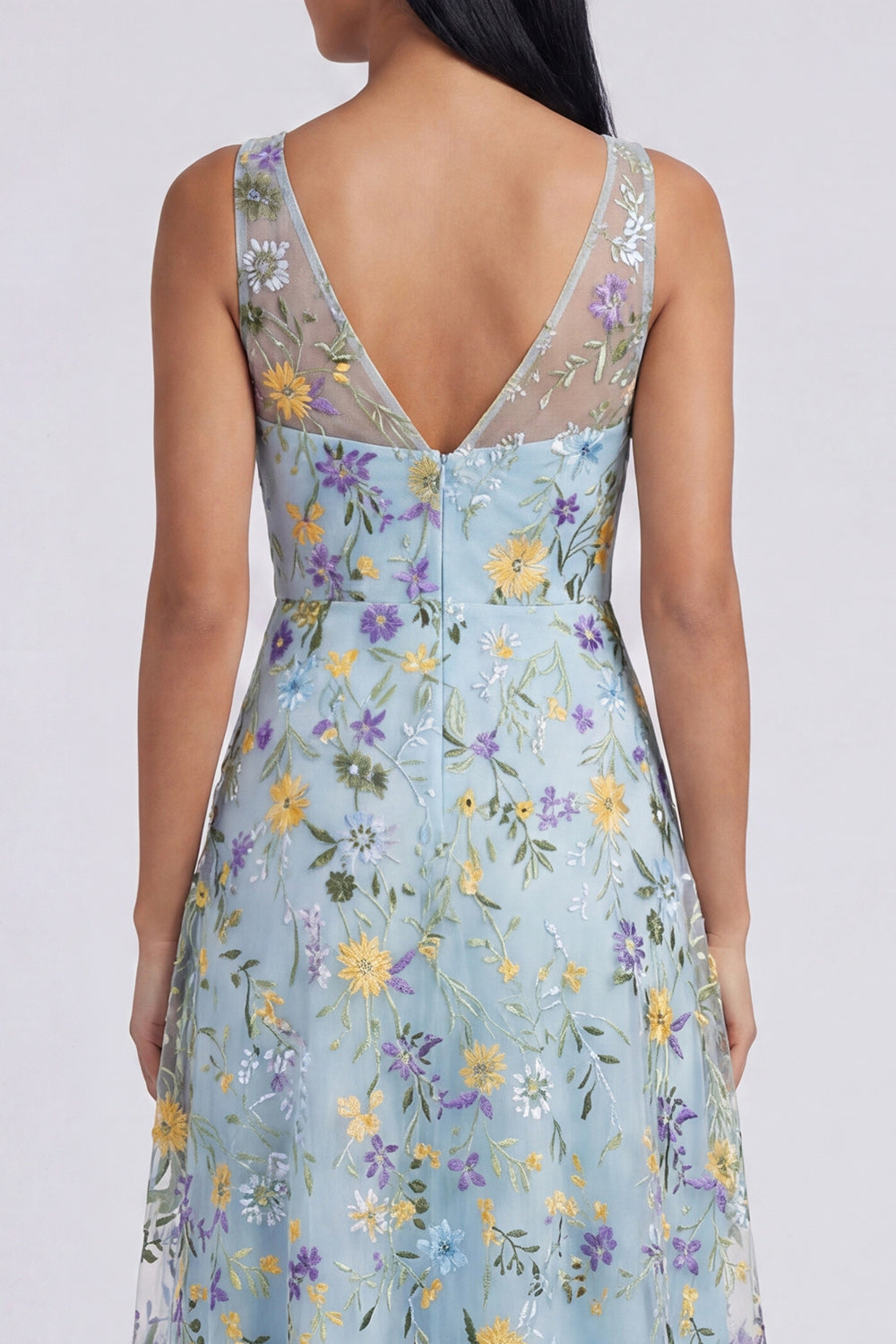 Robe longue évasée à col en V, imprimé floral bleu