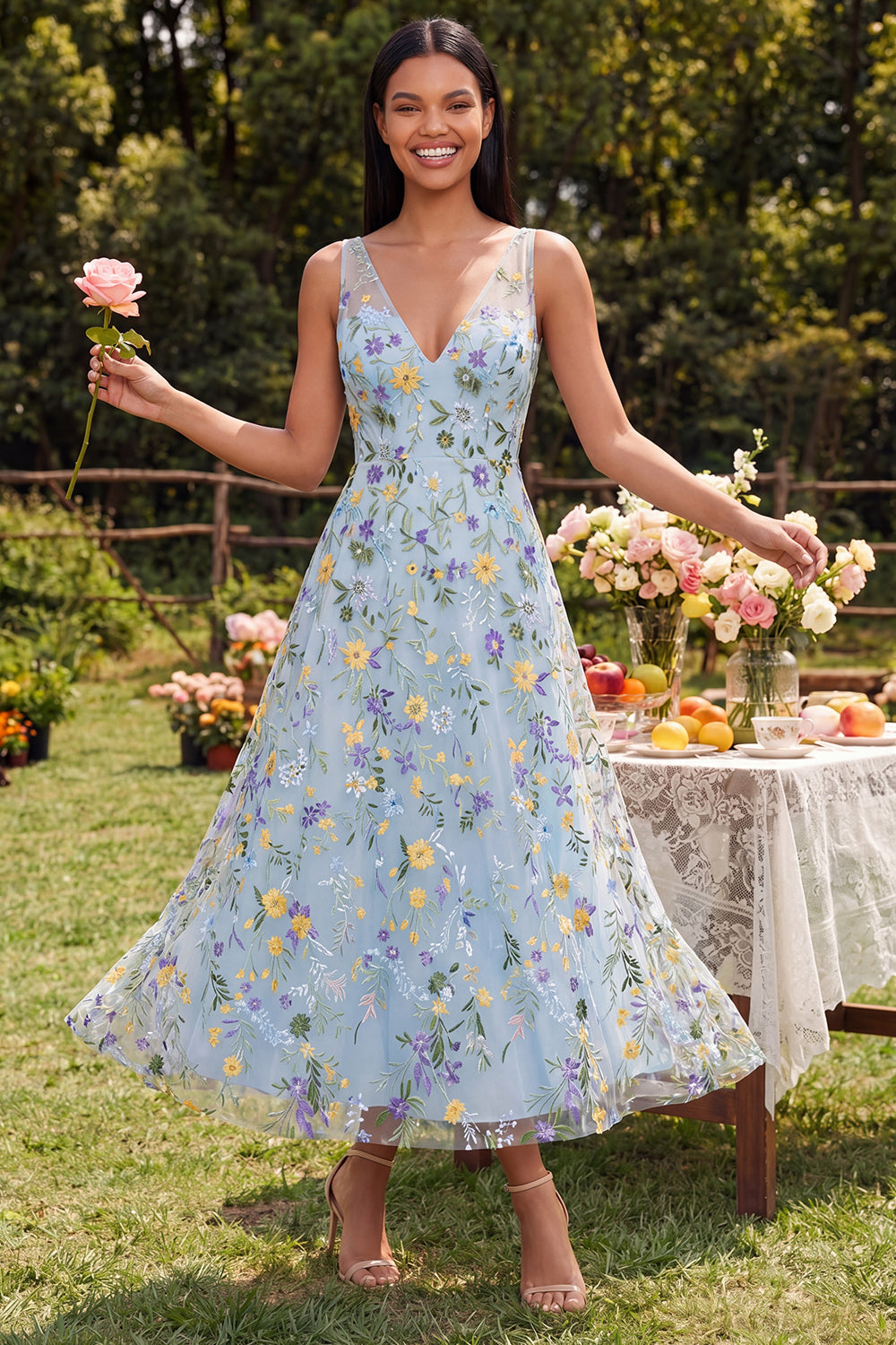 Robe longue évasée à col en V, imprimé floral bleu