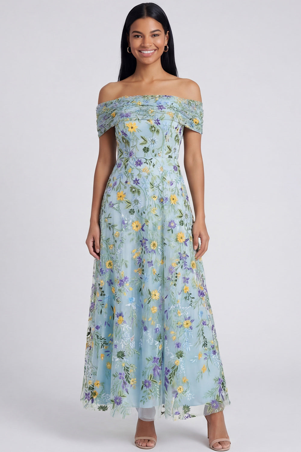 Robe longue évasée à épaules dénudées à imprimé floral bleu