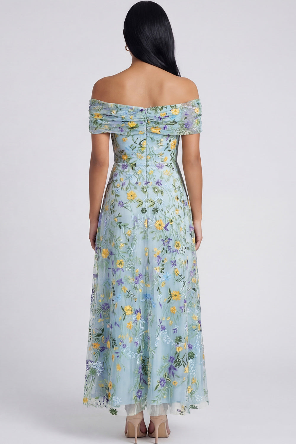 Robe longue évasée à épaules dénudées à imprimé floral bleu