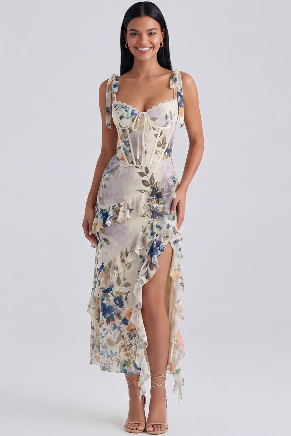 Ivory Floral Corset Sheath Midi Dress with Slit