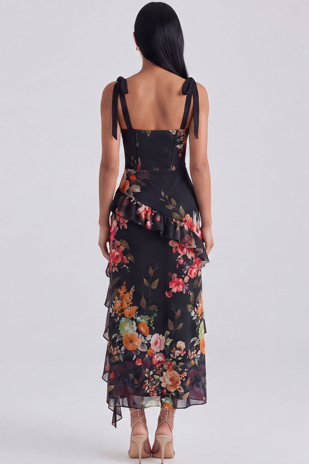 Ivory Floral Corset Sheath Midi Dress with Slit
