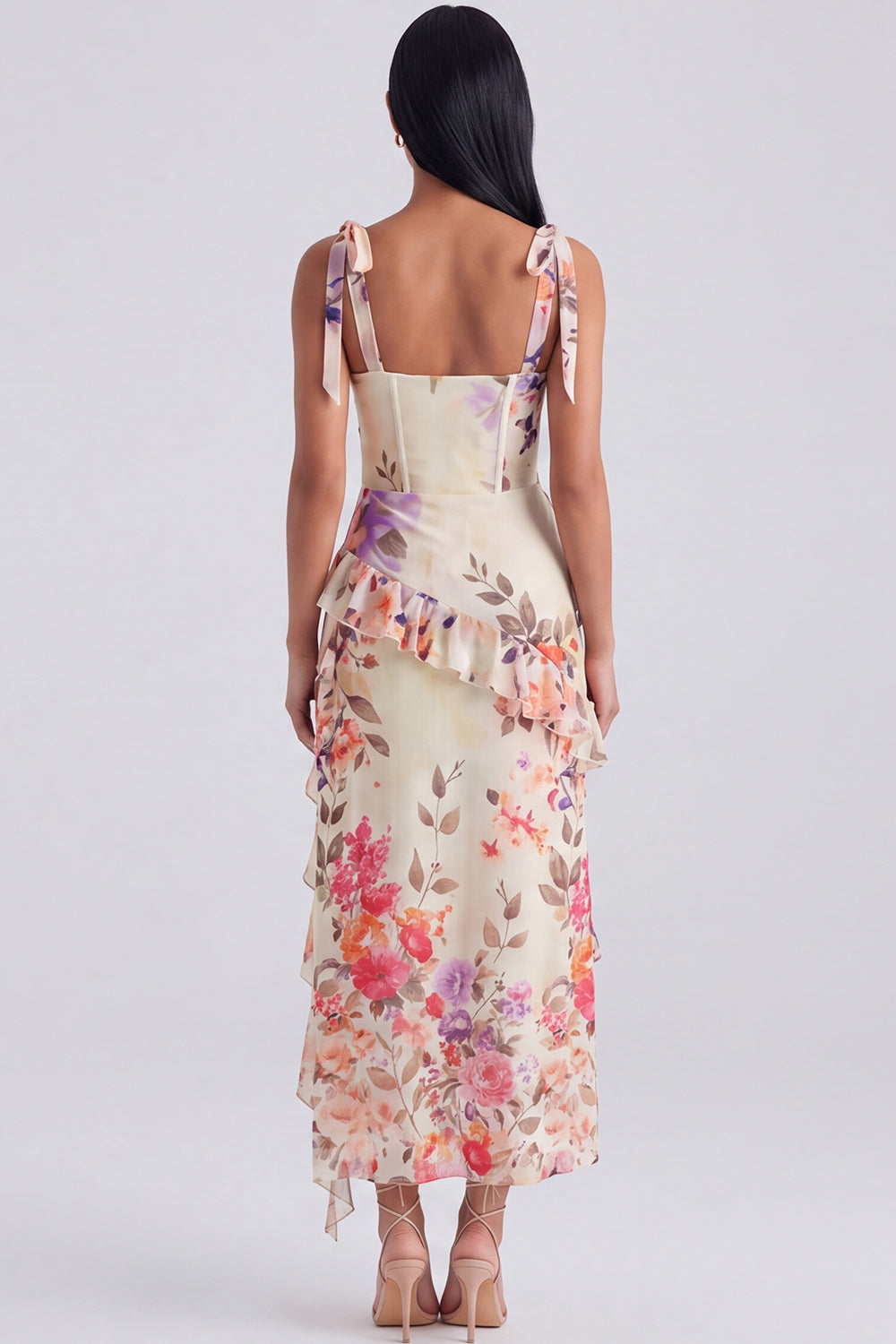 Ivory Floral Corset Sheath Midi Dress with Slit