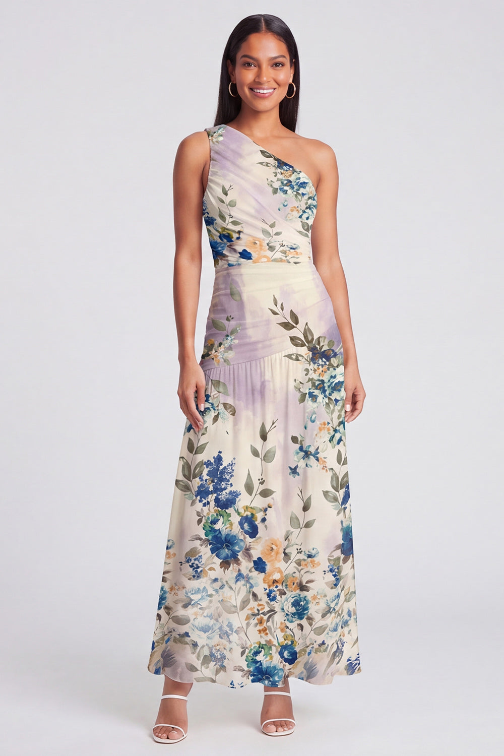 Ivory One Shoulder A Line Maxi Floral Dress