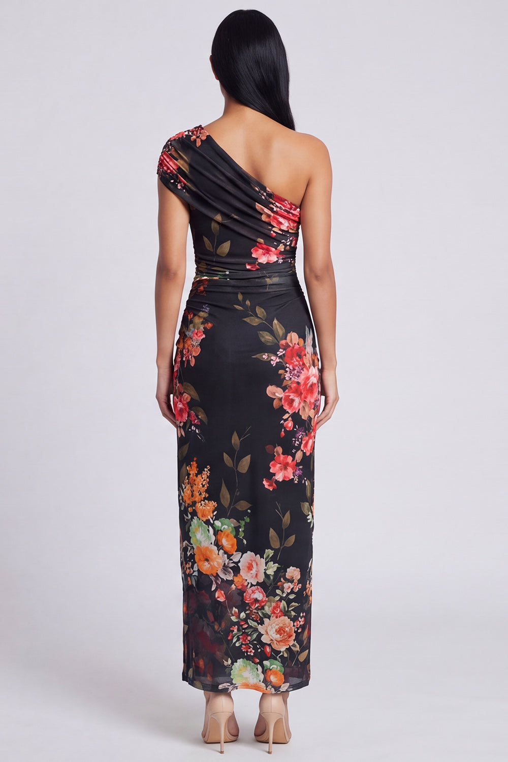 Ivory Floral One Shoulder Sheath Maxi Dress