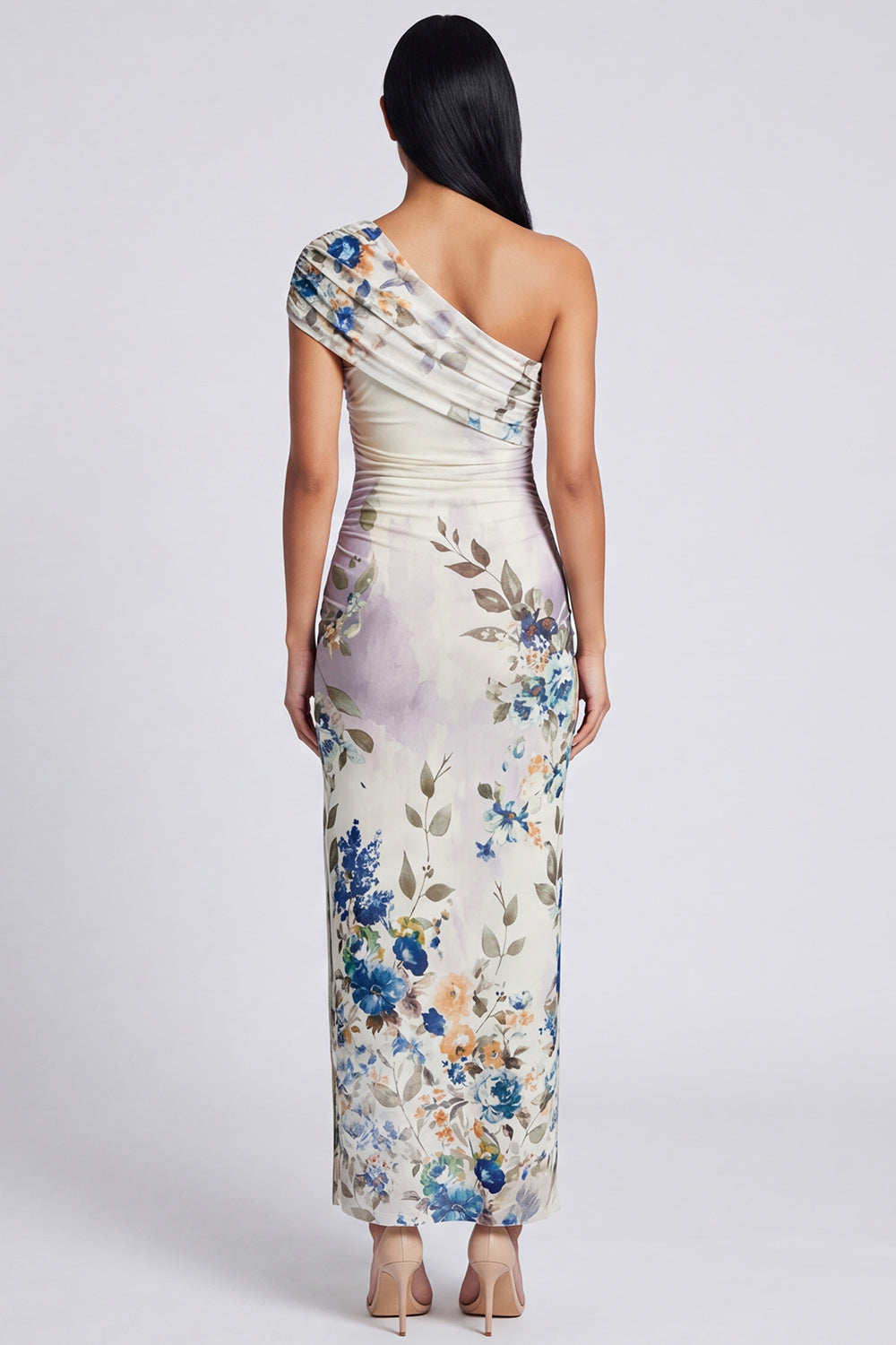 Ivory Floral One Shoulder Sheath Maxi Dress