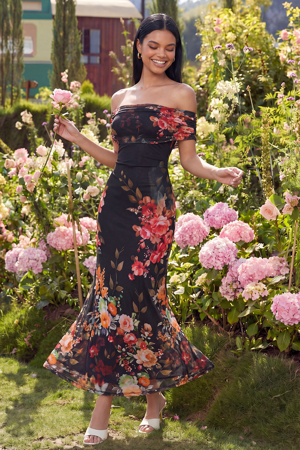 Ivory Floral Off the Shoulder Sheath Maxi Dress