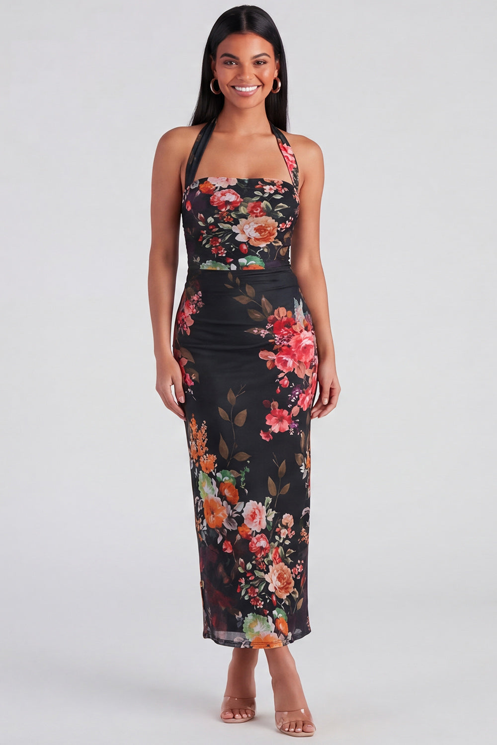 Robe longue florale Champagne à fourreau et licol