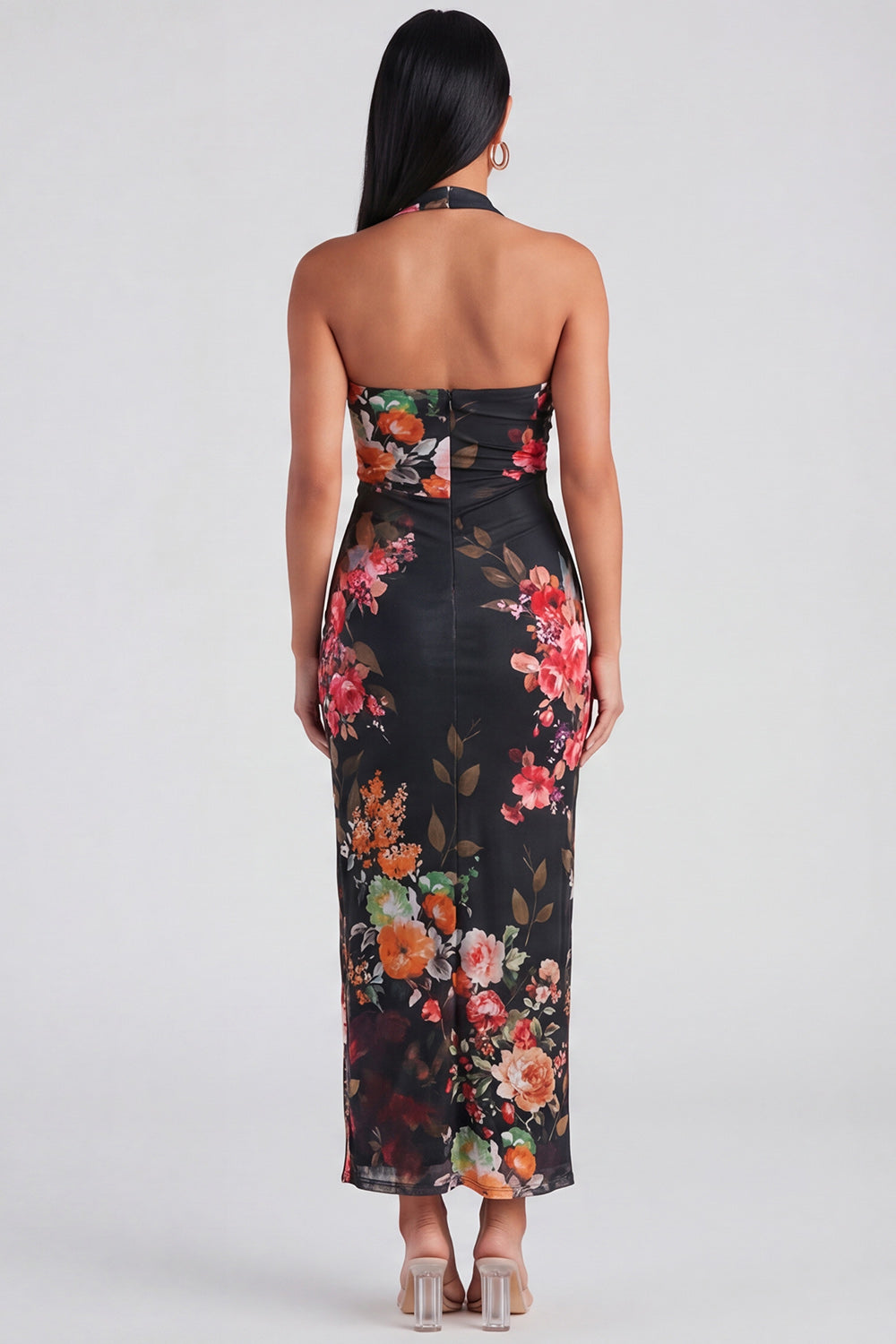 Robe longue florale Champagne à fourreau et licol