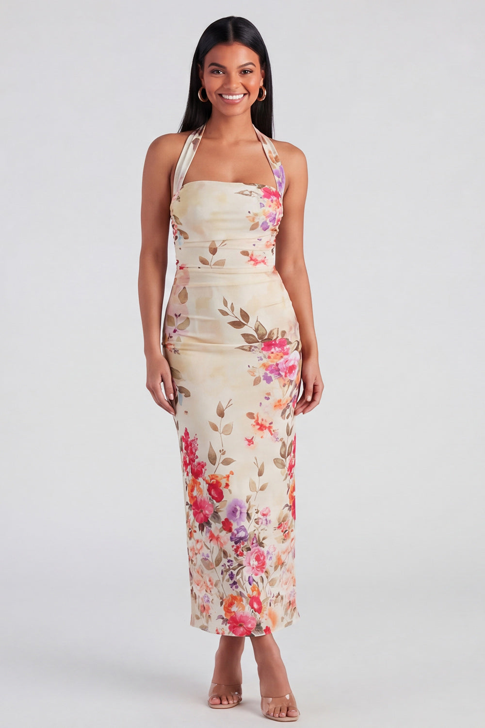 Robe longue florale Champagne à fourreau et licol