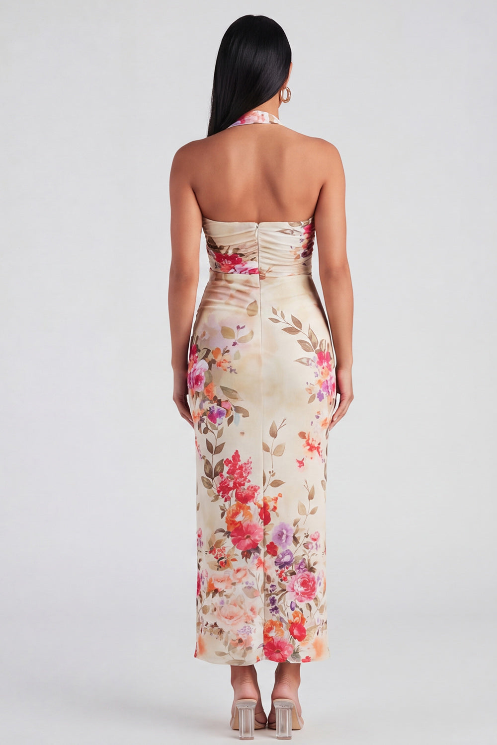 Robe longue florale Champagne à fourreau et licol