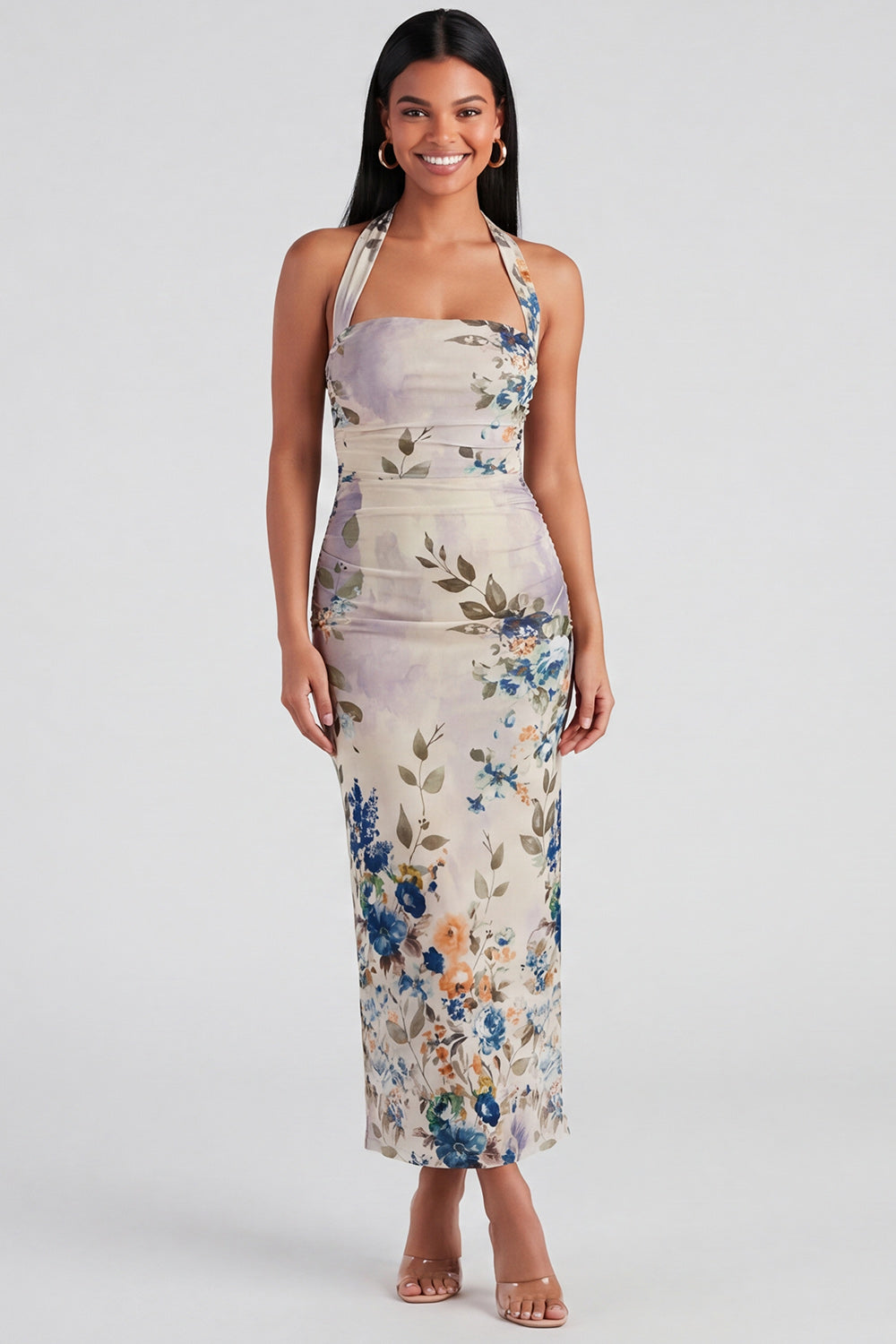 Robe longue florale Champagne à fourreau et licol
