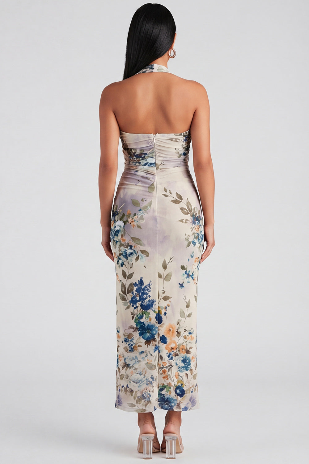 Robe longue florale Champagne à fourreau et licol
