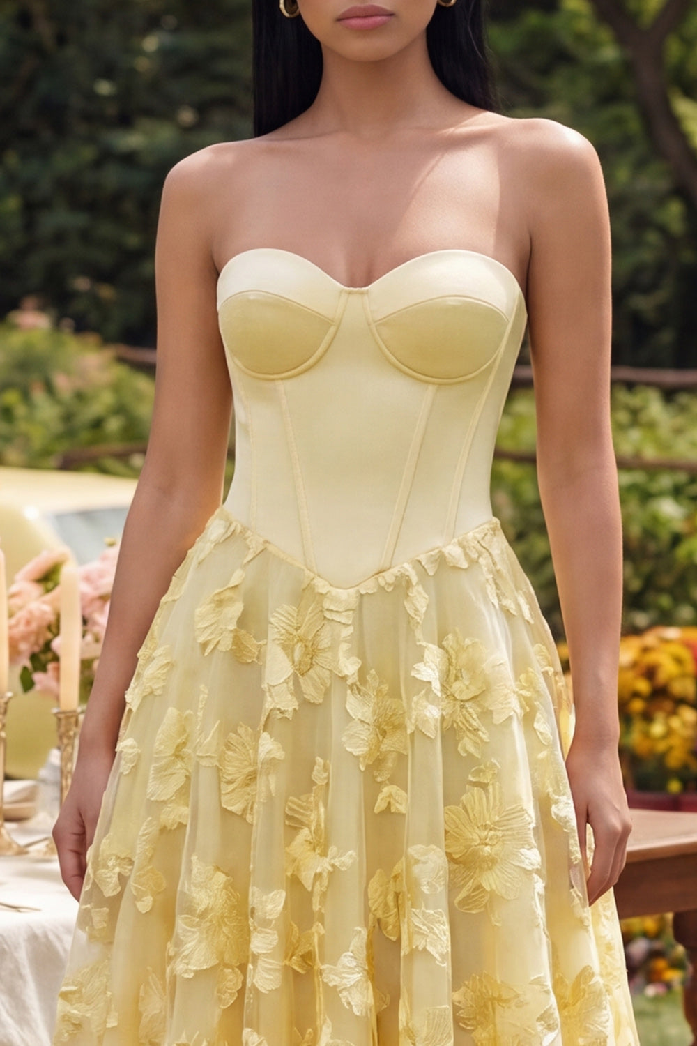 Strapless Yellow Floral A Line Midi Dress