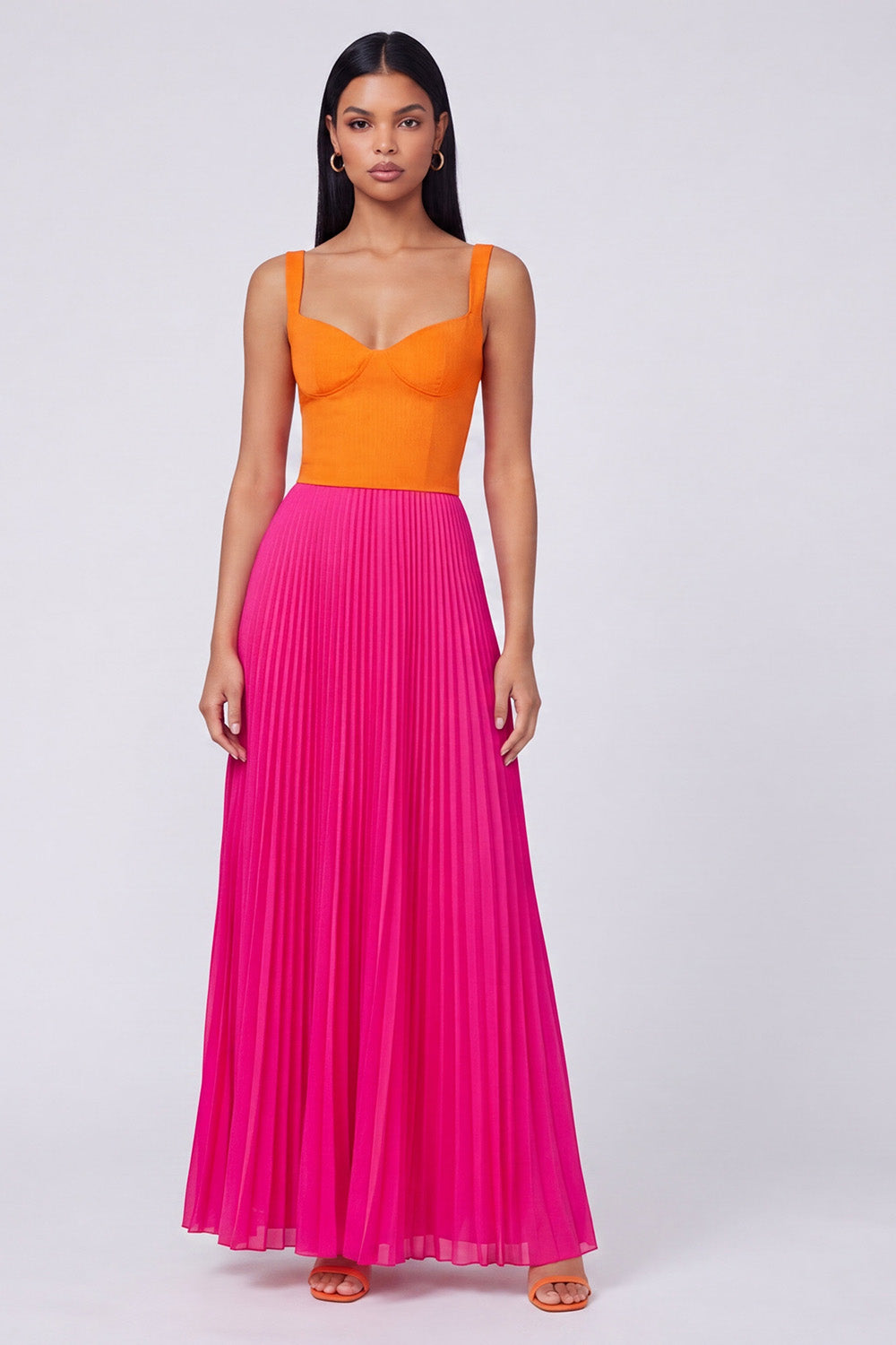 Robe longue plissée évasée Orange et Fuchsia