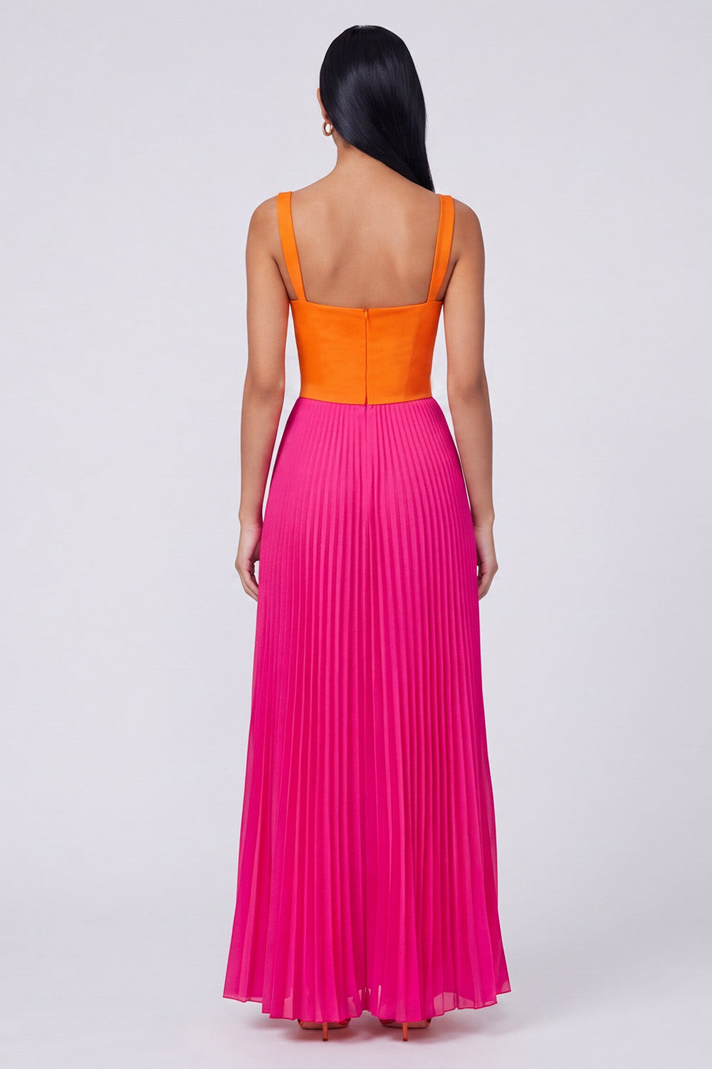Robe longue plissée évasée Orange et Fuchsia