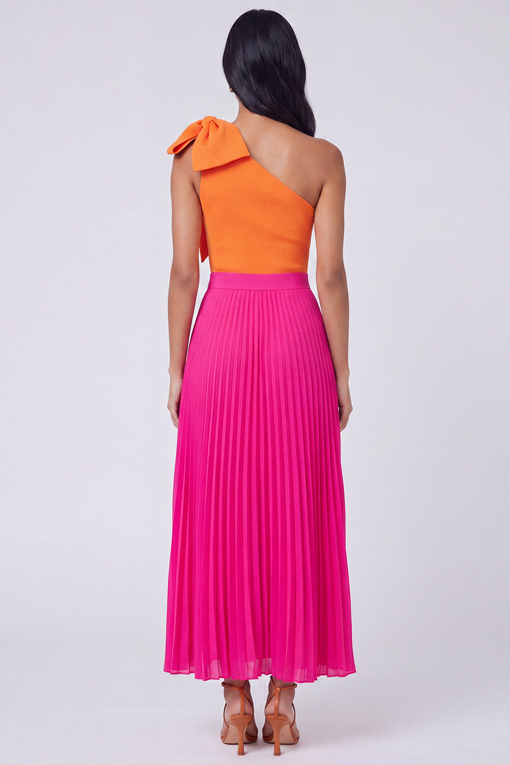 One Shoulder Orange and Fuchsia A-Line Pleated Maxi Dress with Bow