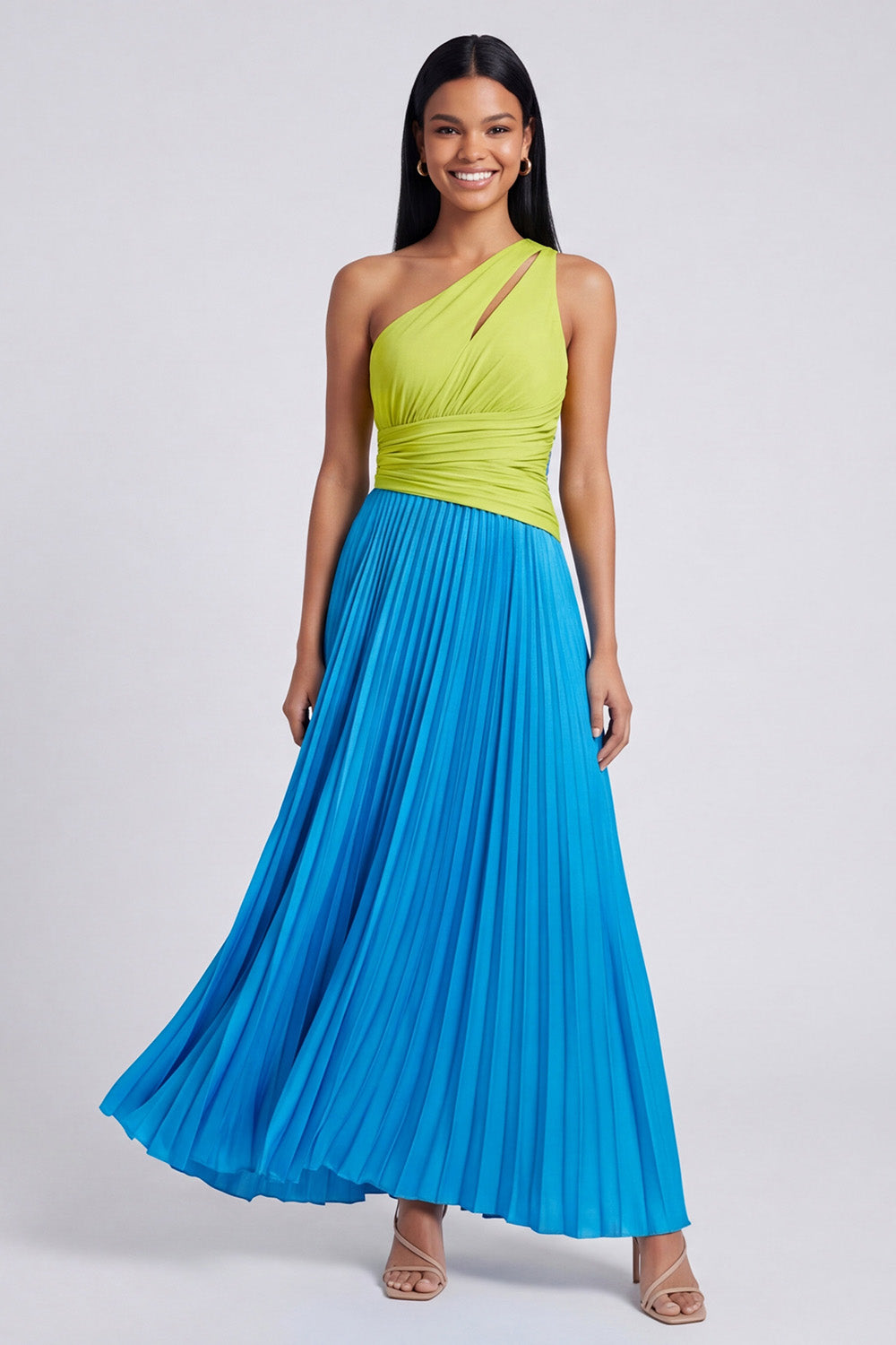 A-Line Green and Blue One Shoulder Pleated Ruched Maxi Dress
