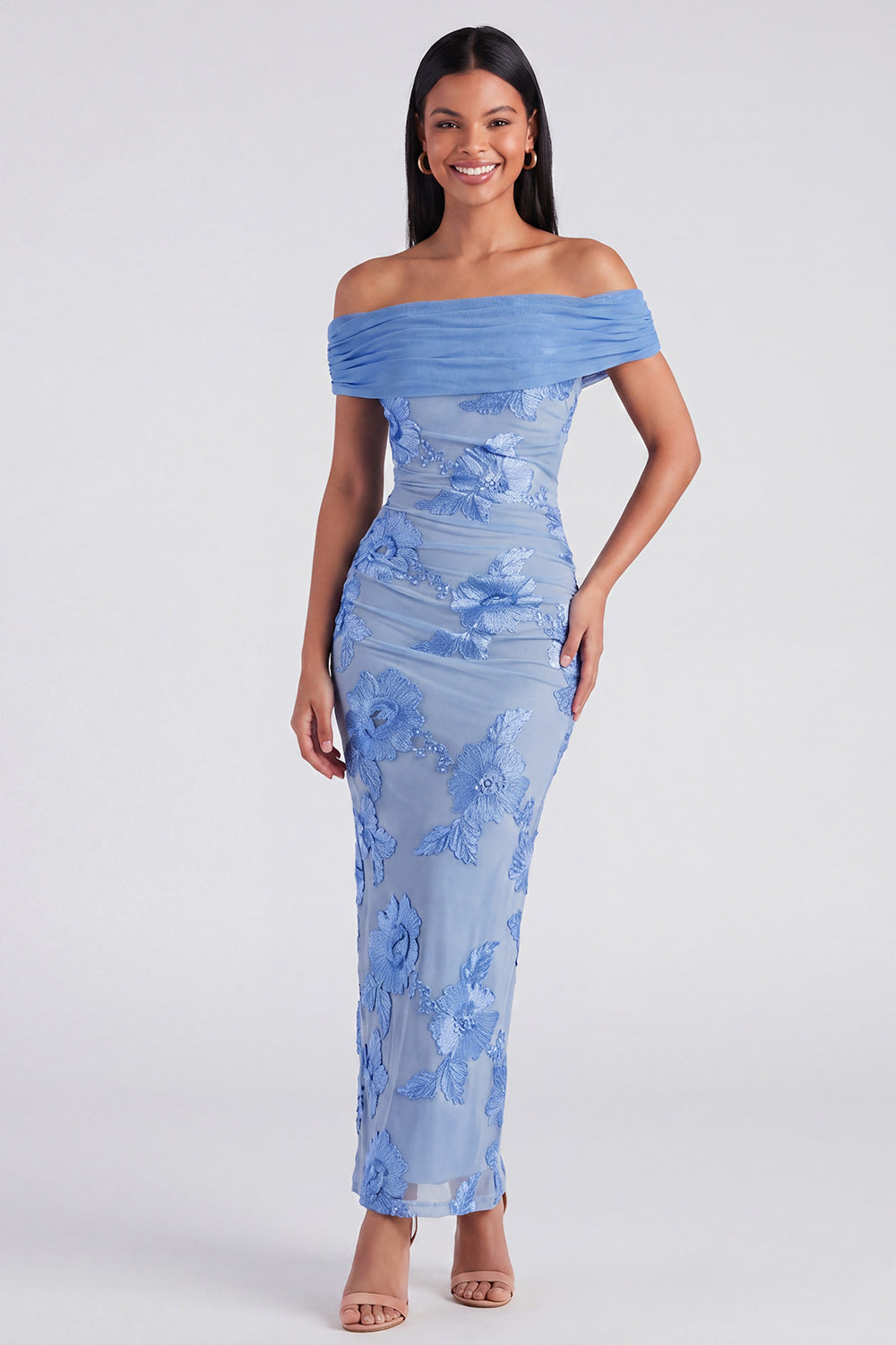 Off-the-Shoulder Yellow Bodycon Appliquéd Floral Maxi Dress with Slit