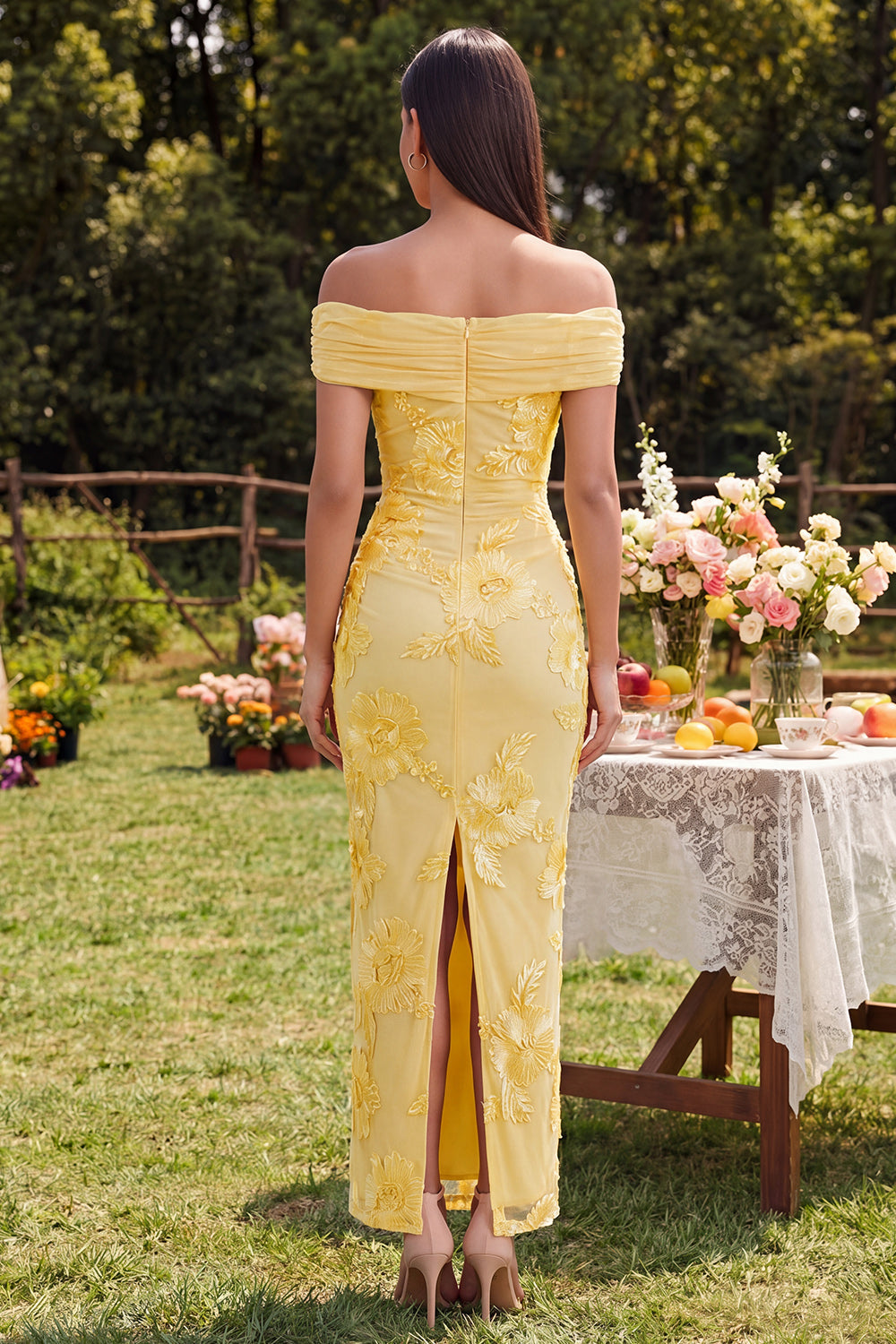 Off-the-Shoulder Yellow Bodycon Appliquéd Floral Maxi Dress with Slit