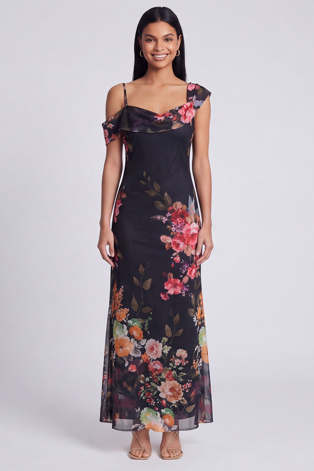 Black Tulle Asymmetrical Sheath Printed Maxi Floral Dress