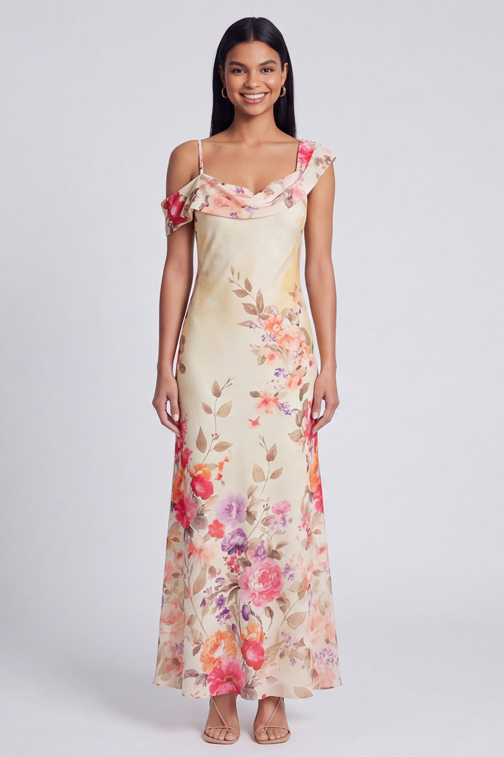 Black Tulle Asymmetrical Sheath Printed Maxi Floral Dress