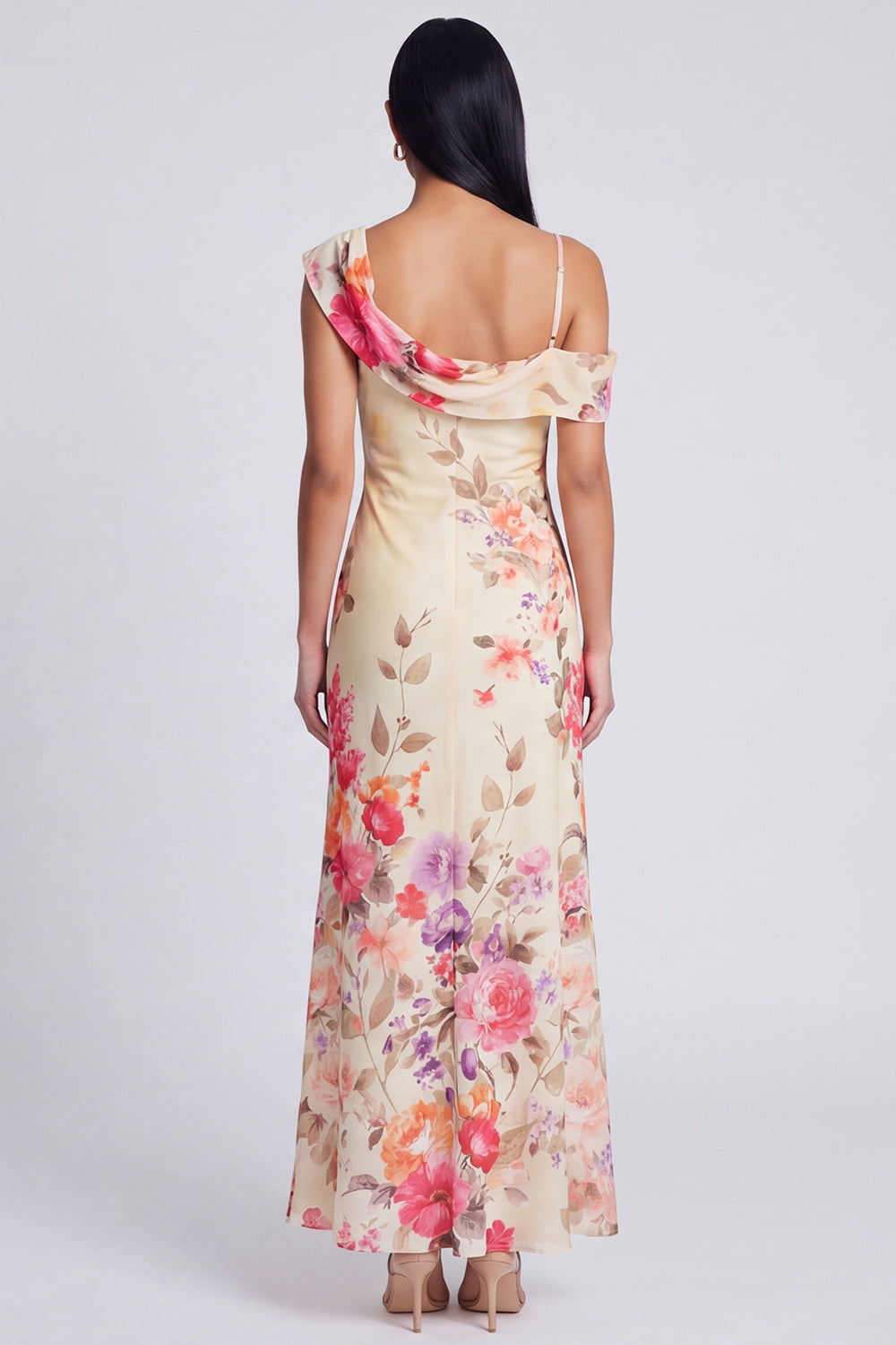 Black Tulle Asymmetrical Sheath Printed Maxi Floral Dress