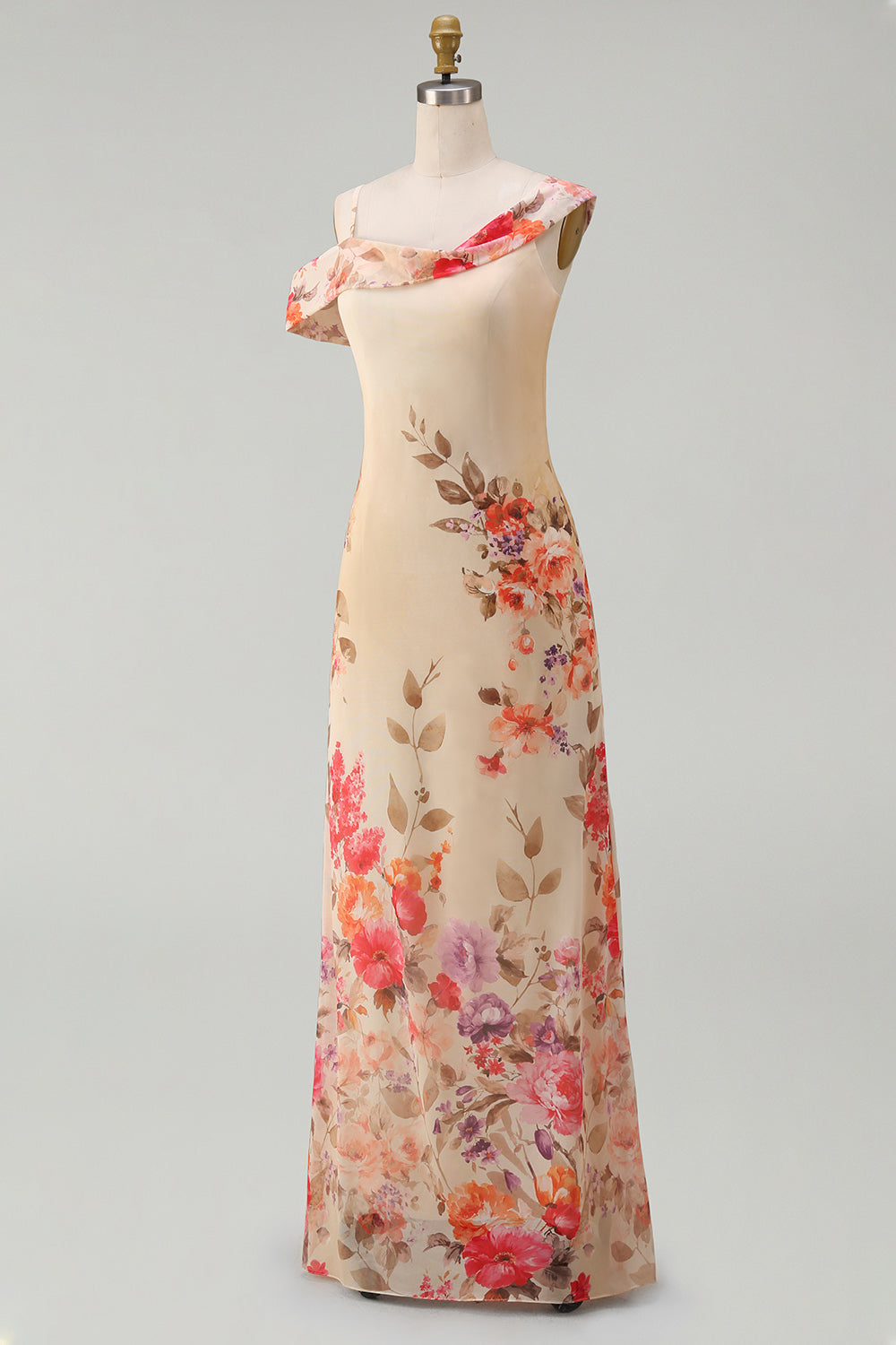 Black Tulle Asymmetrical Sheath Printed Maxi Floral Dress