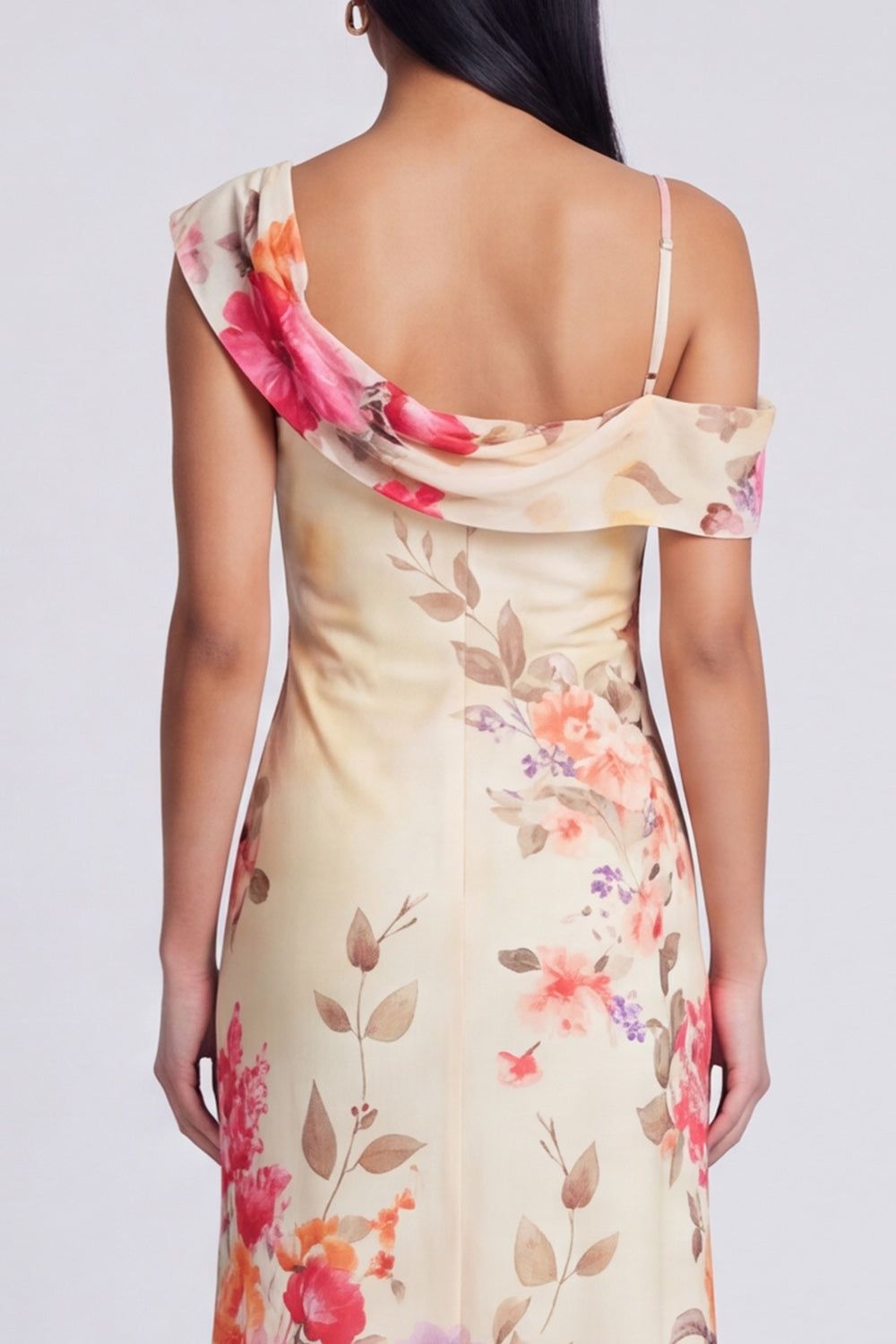 Black Tulle Asymmetrical Sheath Printed Maxi Floral Dress
