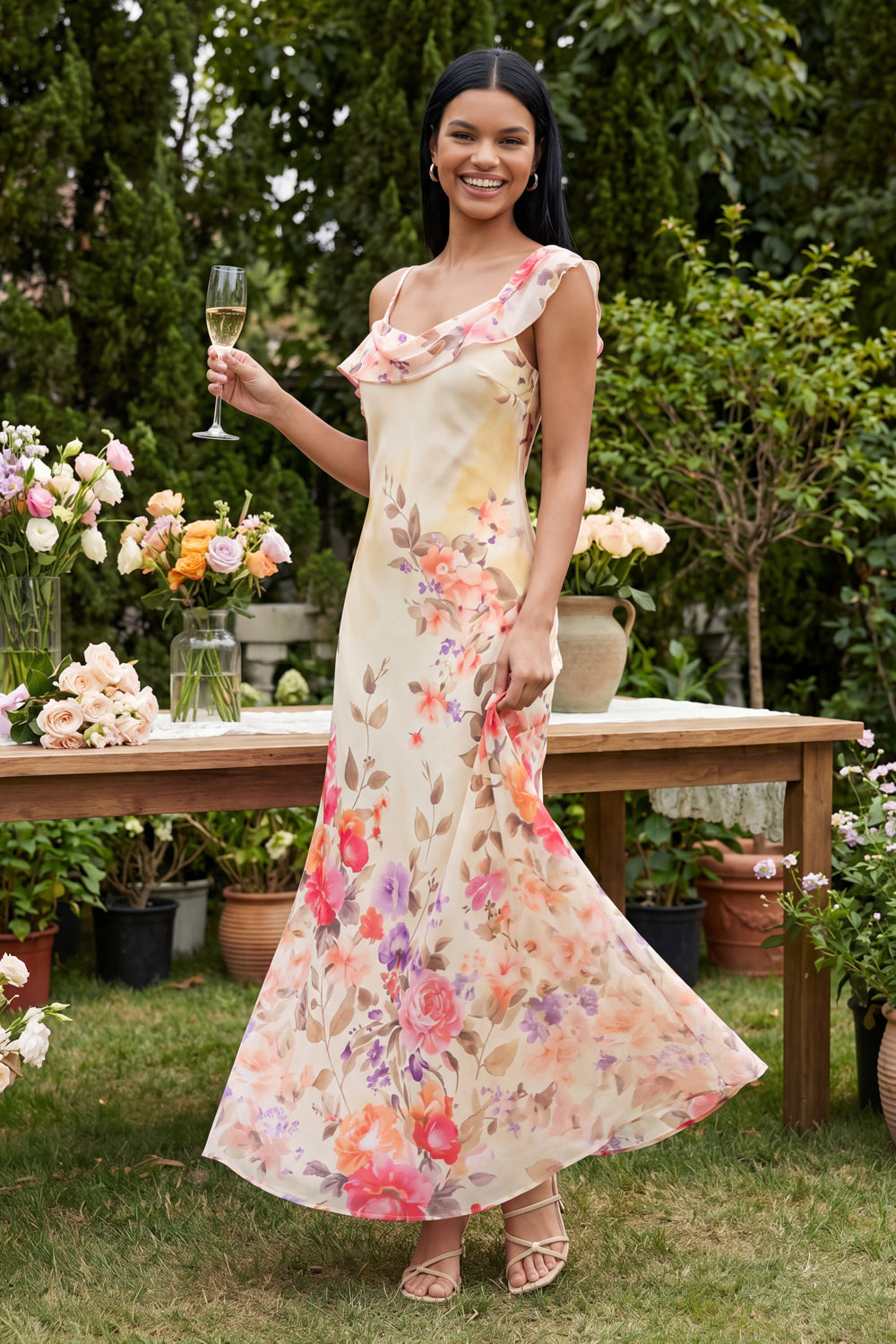 Black Tulle Asymmetrical Sheath Printed Maxi Floral Dress