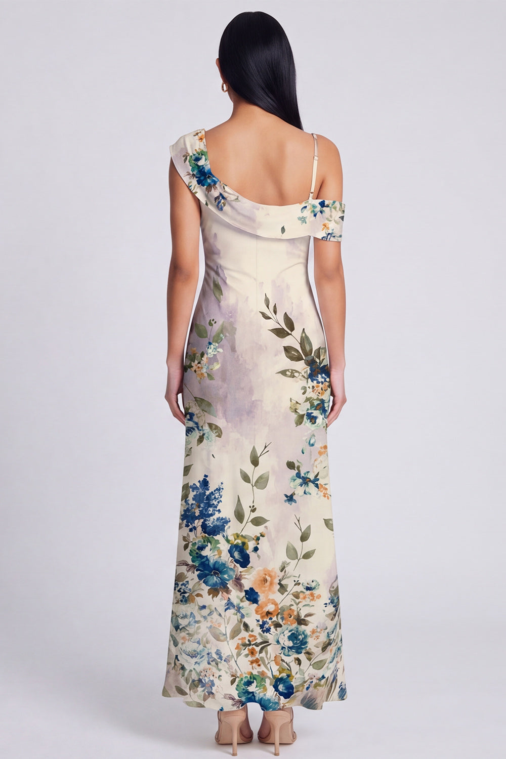 Black Tulle Asymmetrical Sheath Printed Maxi Floral Dress