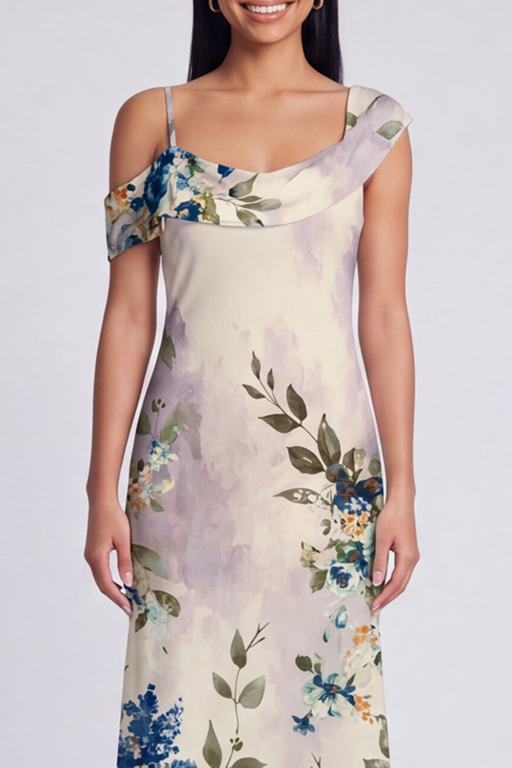 Black Tulle Asymmetrical Sheath Printed Maxi Floral Dress