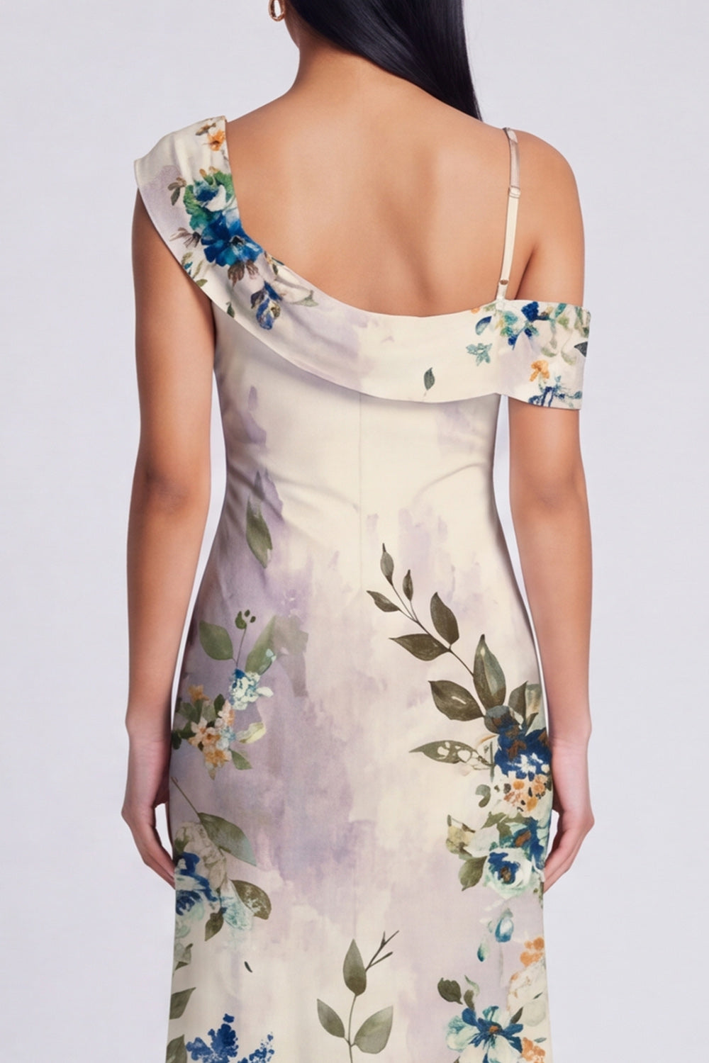 Black Tulle Asymmetrical Sheath Printed Maxi Floral Dress
