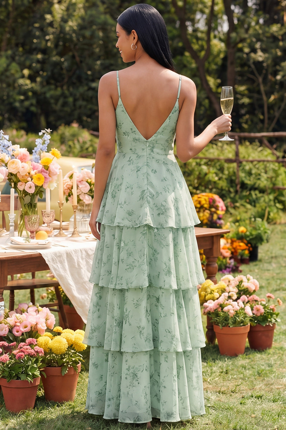 Dusty Sage Floral A Line Tiered Maxi Dress
