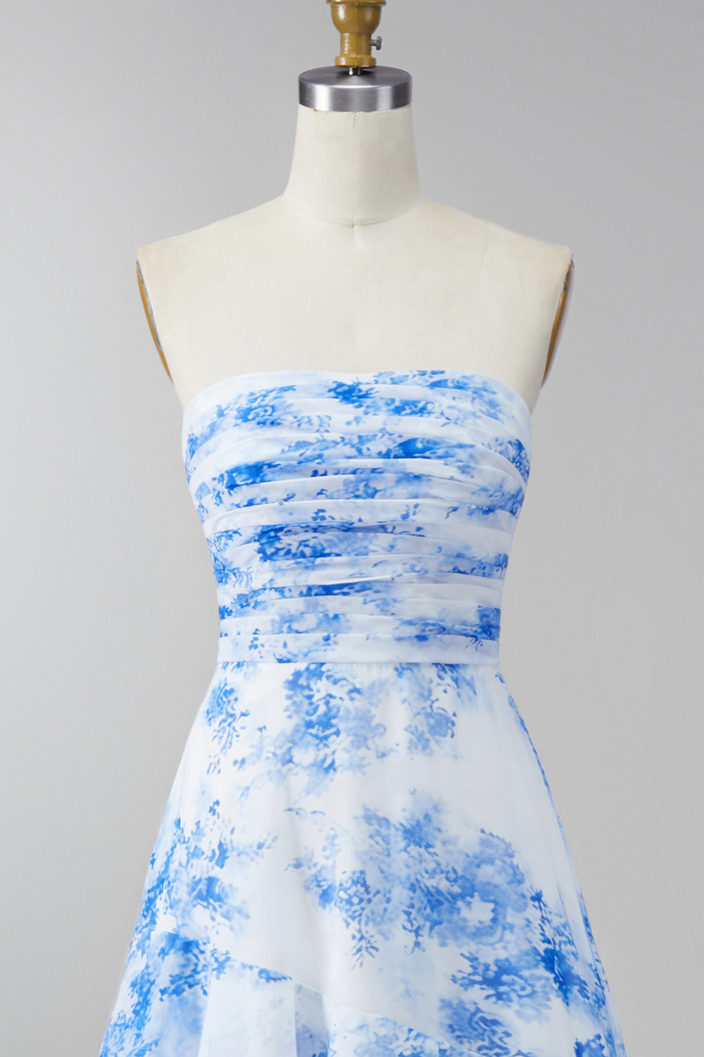 White Blue Floral Strapless A Line Ruffled Maxi Dress