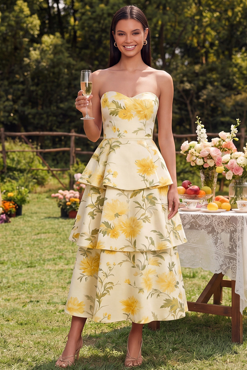 Strapless Yellow Floral A Line Tiered Midi Dress