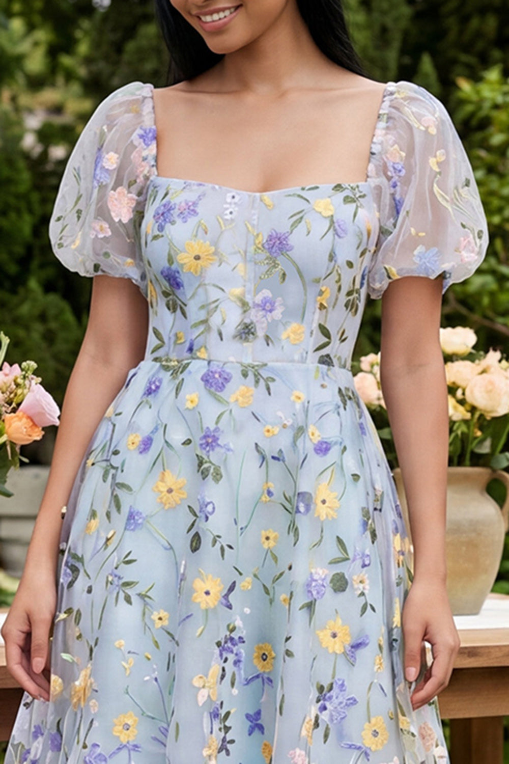 Blue Flower A-Line Square Neck Embroidered Midi Dress with Puff Sleeves