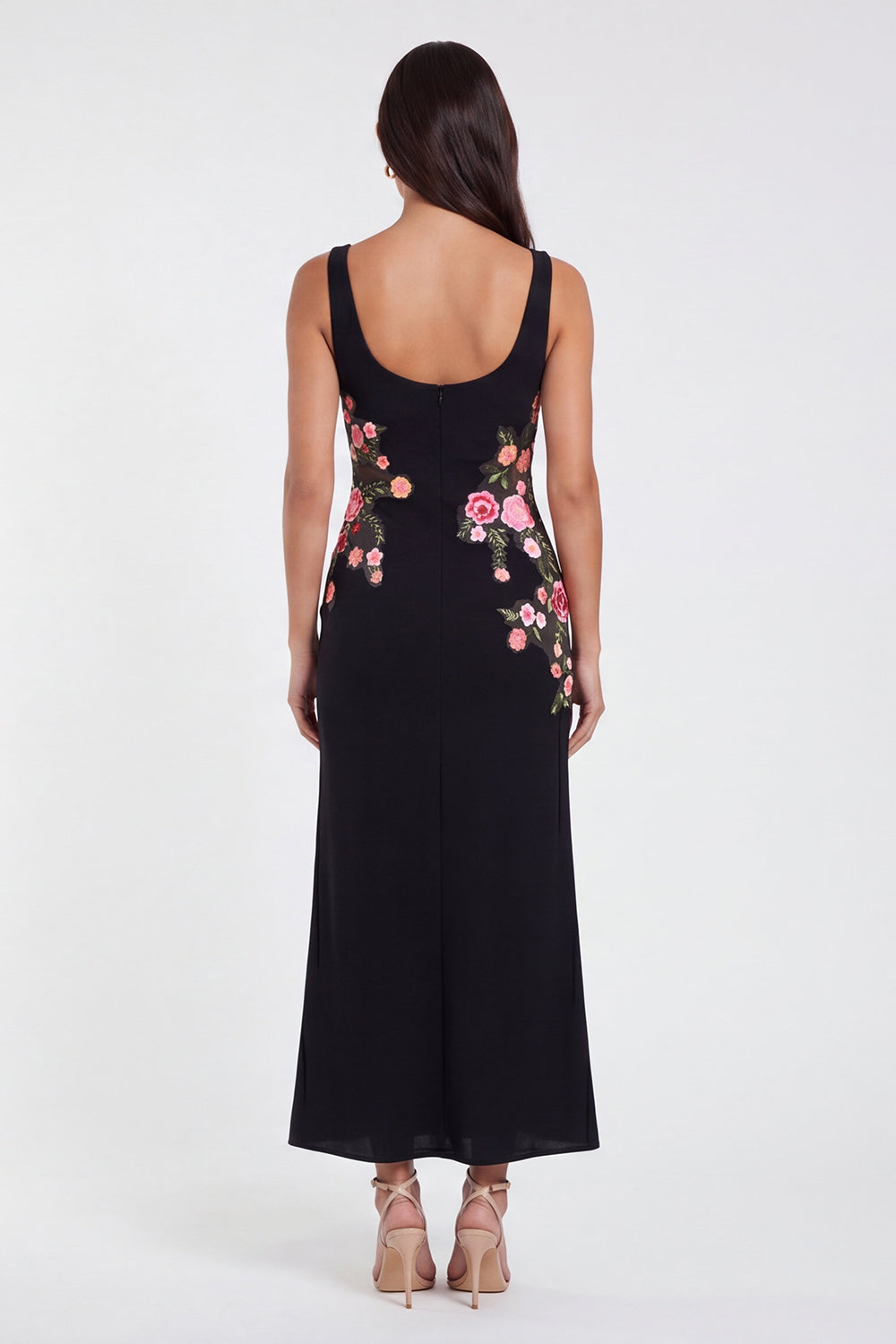 Black Square Neck Sheath Floral Long Formal Dress