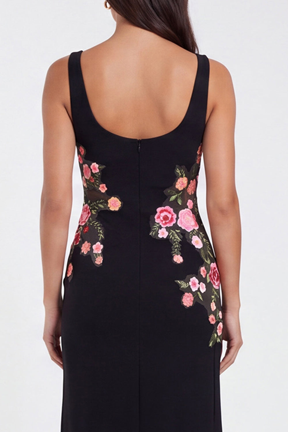 Black Square Neck Sheath Floral Long Formal Dress