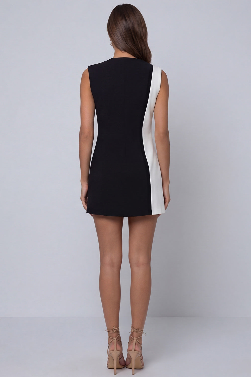 Robe de travail courte sans manches à revers noir et blanc