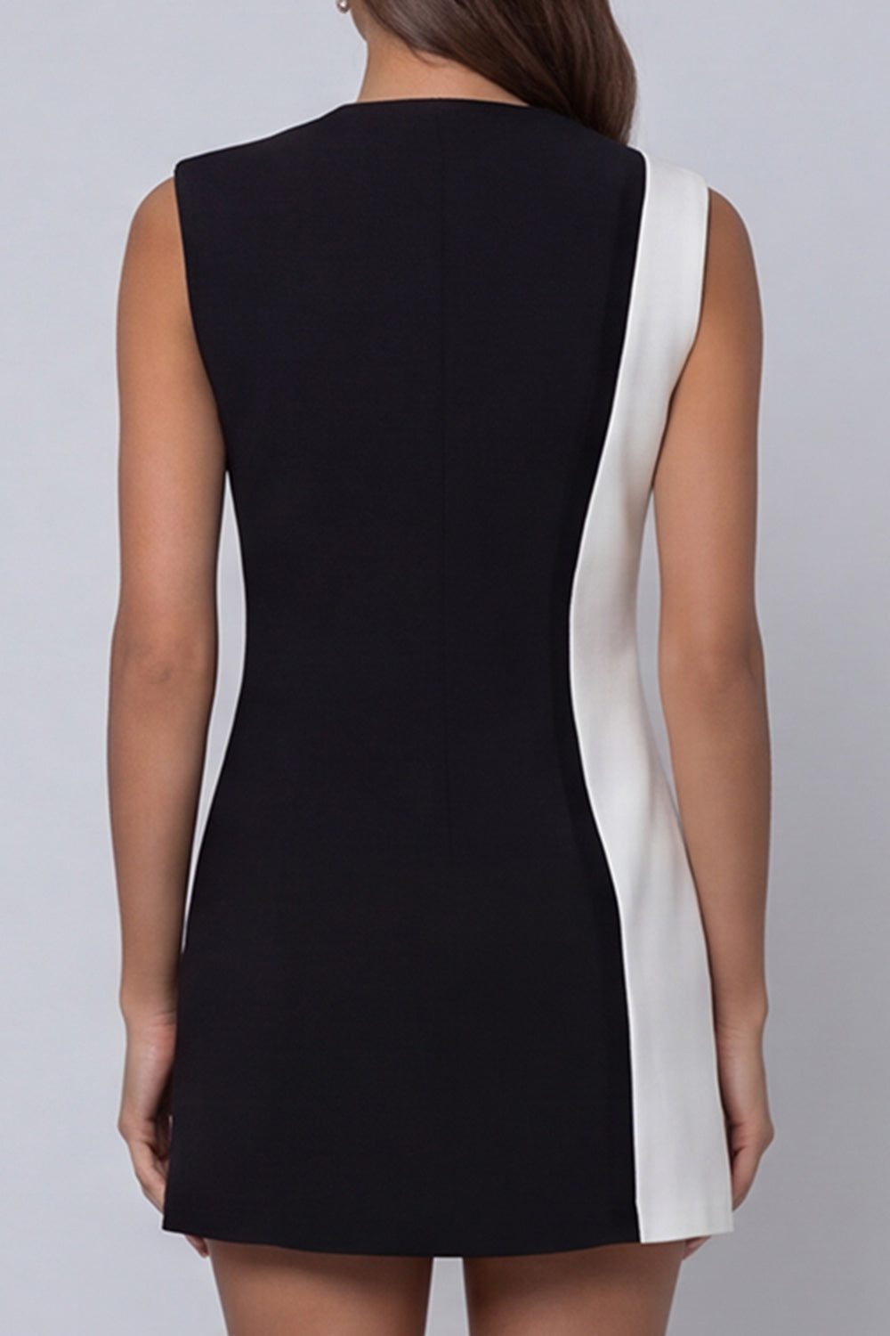Robe de travail courte sans manches à revers noir et blanc