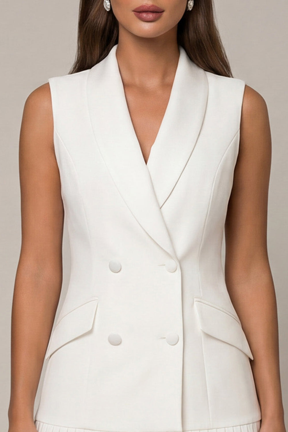 White Shawl Lapel Pleated A-Line Short Work Dress