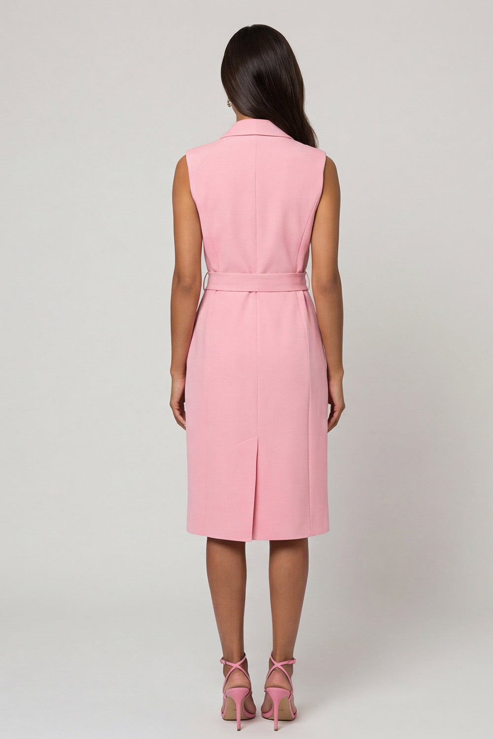 Pink Shawl Lapel Sheath Midi Work Dress with Belt