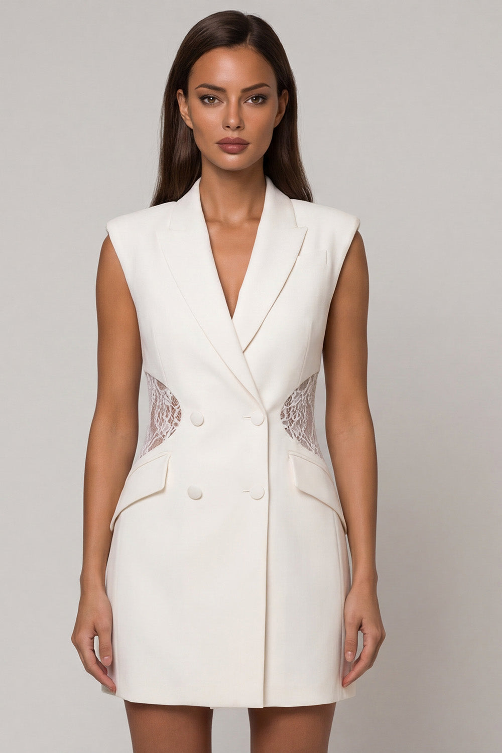 Robe courte de travail fourreau en dentelle à double boutonnage et revers en pointe blanc