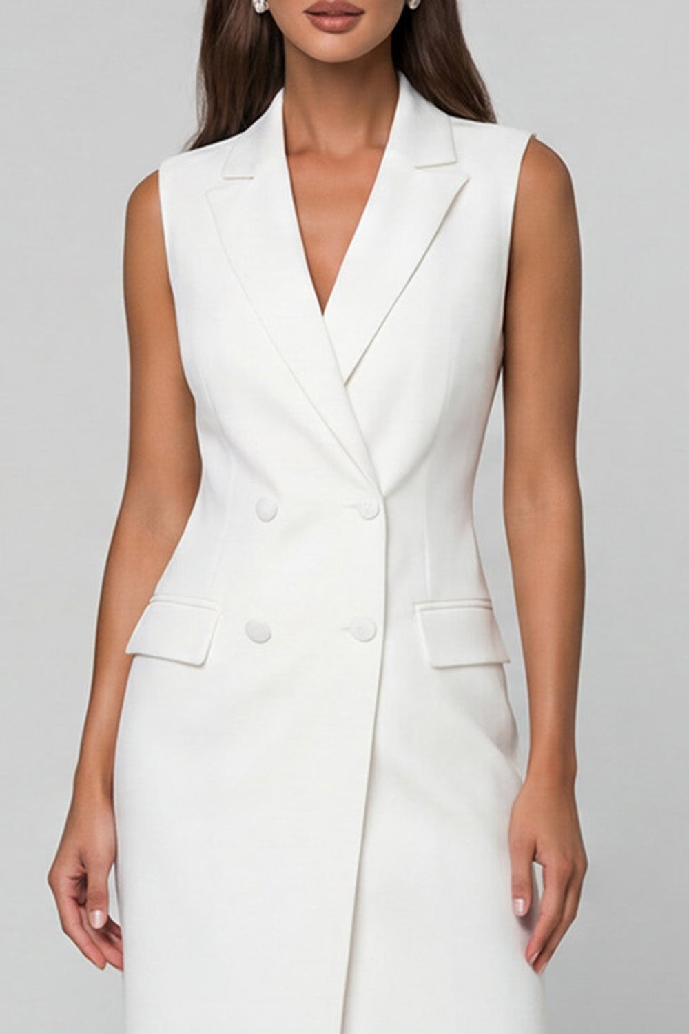 White Notched Lapel Double-breasted Asymmetrical Work Dress