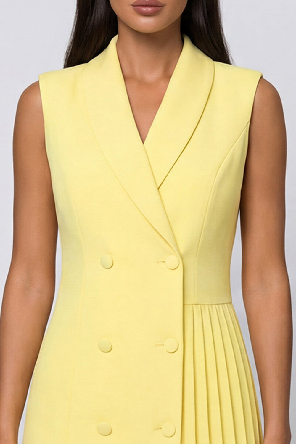 Yellow Shawl Lapel Pleated Asymmetrical Work Dress