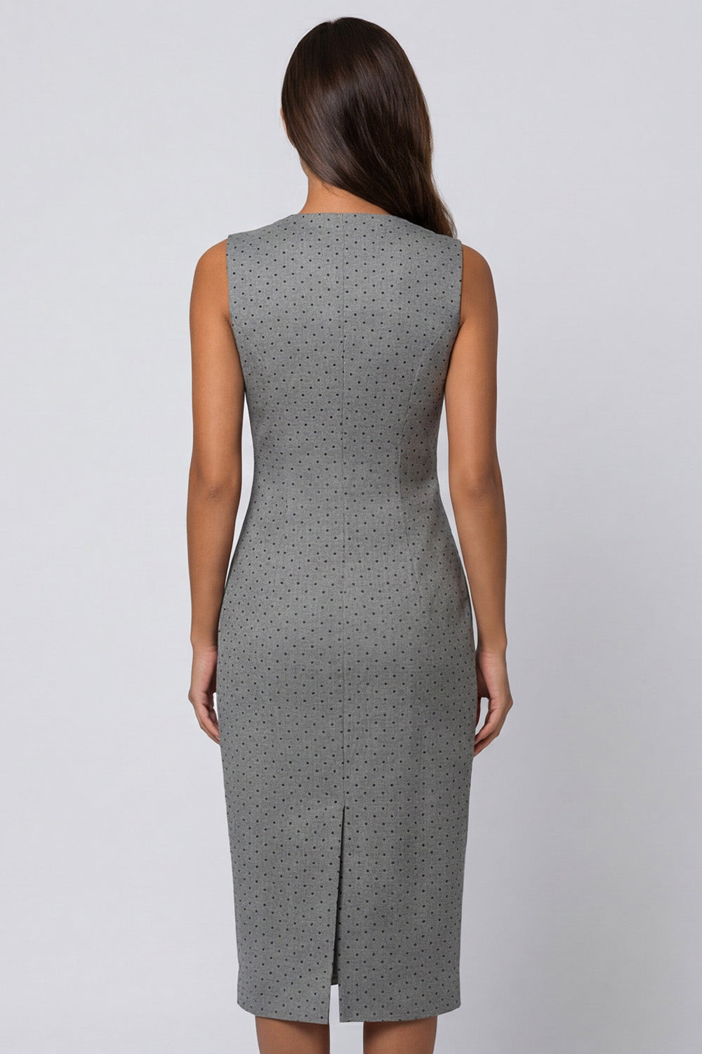 Grey V-Neck Double-breasted Sheath Polka Dot Midi Dress with Slit