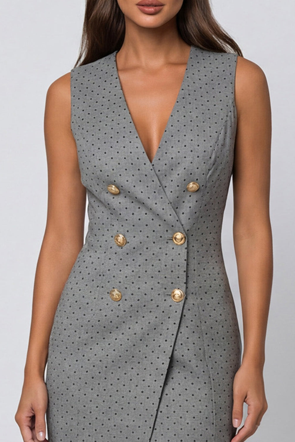 Grey V-Neck Double-breasted Sheath Polka Dot Midi Dress with Slit